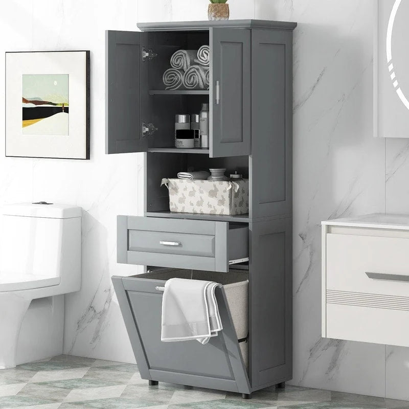 Mobile contenitore da bagno autoportante da 70 pollici con cesto portabiancheria a scomparsa, cassetto e ripiano regolabile