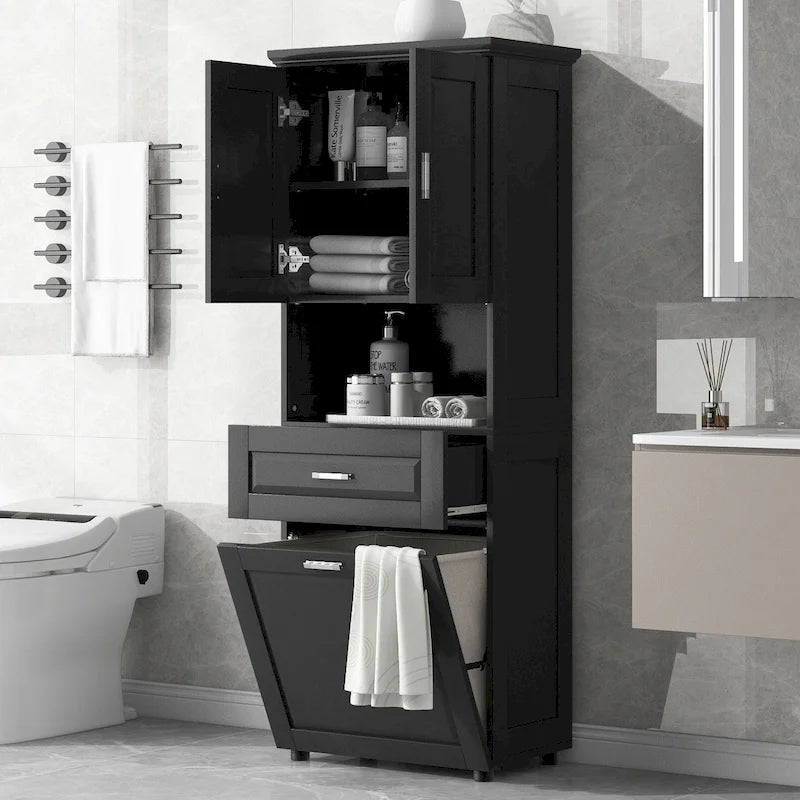 Mobile contenitore da bagno autoportante da 70 pollici con cesto portabiancheria a scomparsa, cassetto e ripiano regolabile