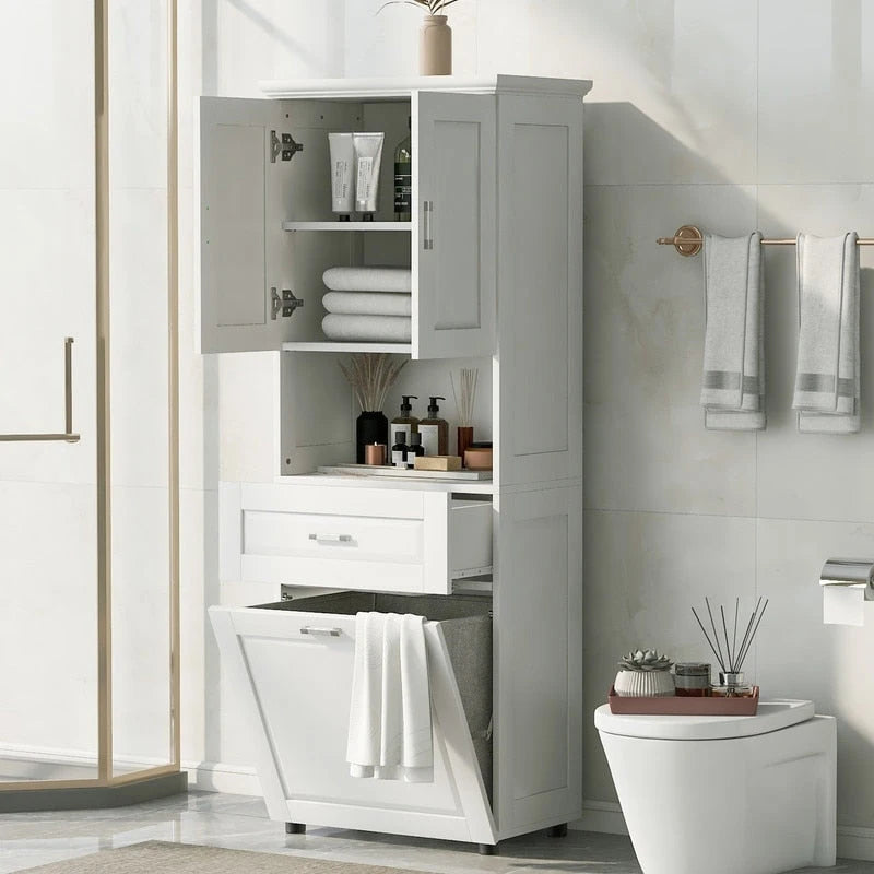 Mobile contenitore da bagno autoportante da 70 pollici con cesto portabiancheria a scomparsa, cassetto e ripiano regolabile