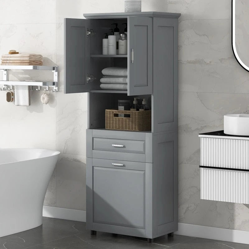 Mobile contenitore da bagno autoportante da 70 pollici con cesto portabiancheria a scomparsa, cassetto e ripiano regolabile