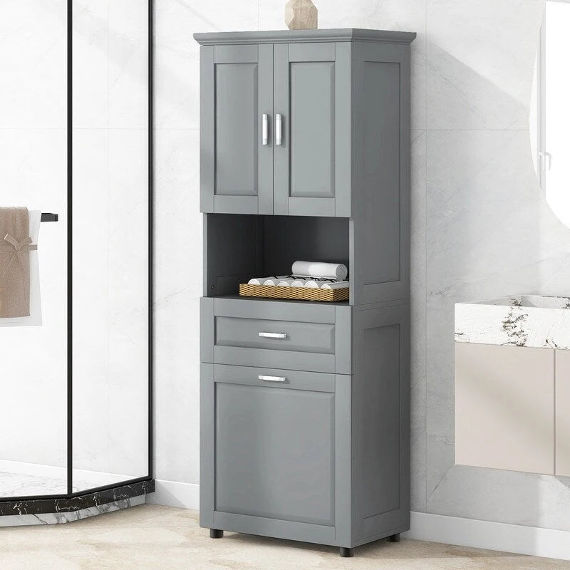 Mobile contenitore da bagno autoportante da 70 pollici con cesto portabiancheria a scomparsa, cassetto e ripiano regolabile