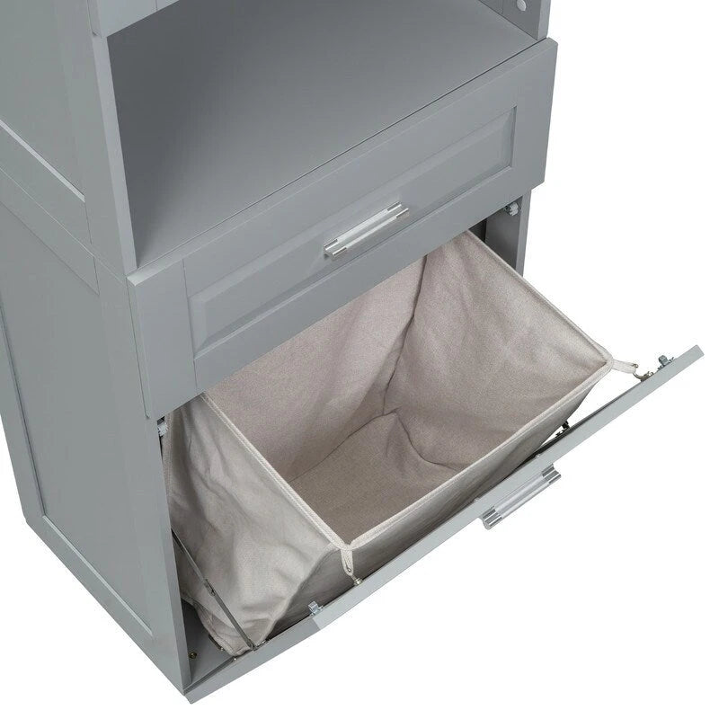 Mobile contenitore da bagno autoportante da 70 pollici con cesto portabiancheria a scomparsa, cassetto e ripiano regolabile