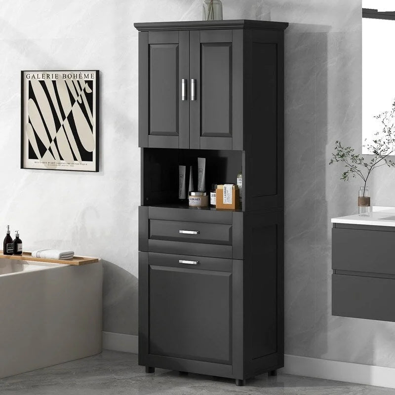 Mobile contenitore da bagno autoportante da 70 pollici con cesto portabiancheria a scomparsa, cassetto e ripiano regolabile