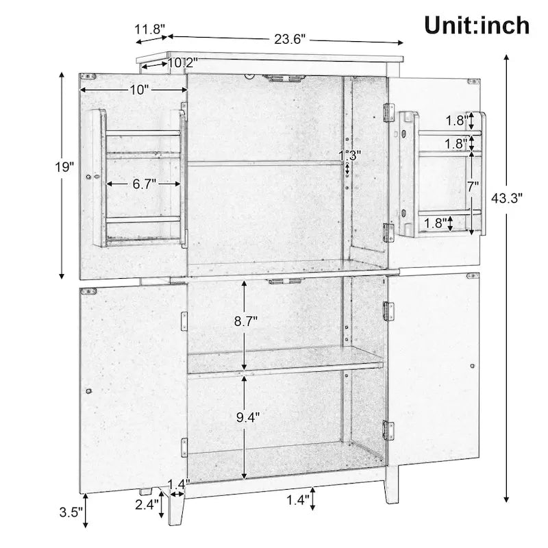 Mobiletto portaoggetti da bagno indipendente con 4 ante e ripiani regolabili