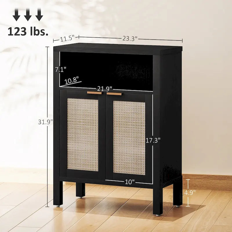 Credenza Buffet con Mobiletto Contenitore, Credenza Moderna con 2 Ante in Rattan e Ripiano Regolabile, Tavolo Buffet Autoportante