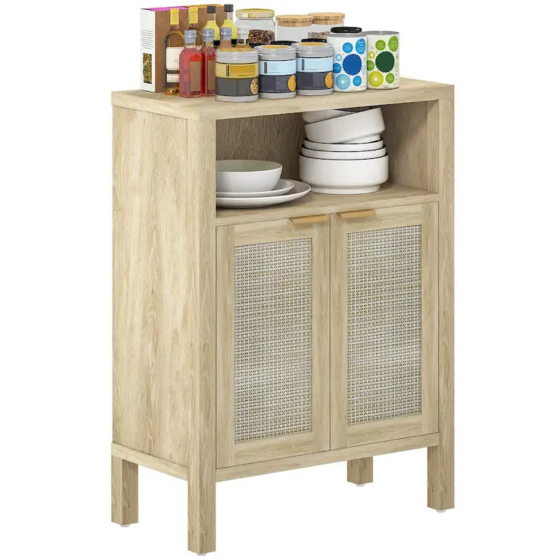 Credenza Buffet con Mobiletto Contenitore, Credenza Moderna con 2 Ante in Rattan e Ripiano Regolabile, Tavolo Buffet Autoportante
