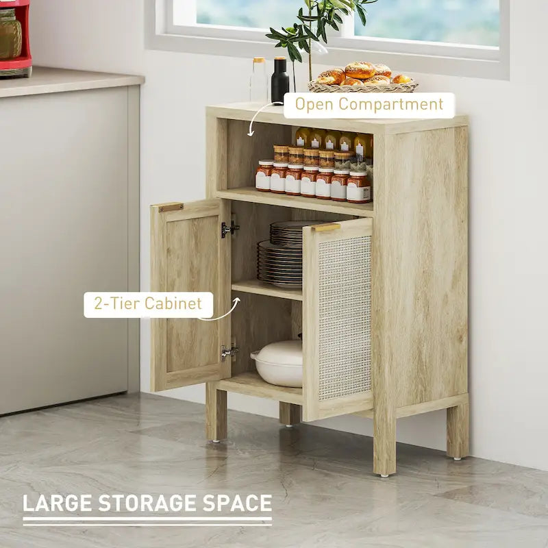 Credenza Buffet con Mobiletto Contenitore, Credenza Moderna con 2 Ante in Rattan e Ripiano Regolabile, Tavolo Buffet Autoportante
