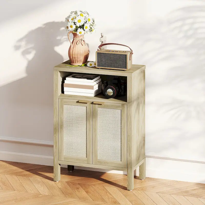 Credenza Buffet con Mobiletto Contenitore, Credenza Moderna con 2 Ante in Rattan e Ripiano Regolabile, Tavolo Buffet Autoportante