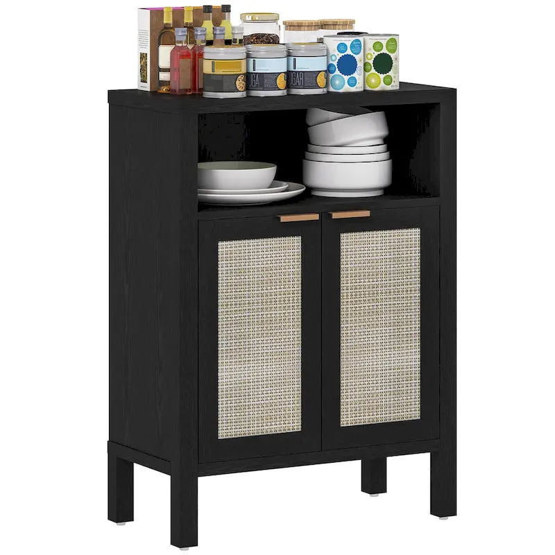 Credenza Buffet con Mobiletto Contenitore, Credenza Moderna con 2 Ante in Rattan e Ripiano Regolabile, Tavolo Buffet Autoportante