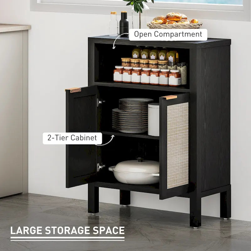 Credenza Buffet con Mobiletto Contenitore, Credenza Moderna con 2 Ante in Rattan e Ripiano Regolabile, Tavolo Buffet Autoportante