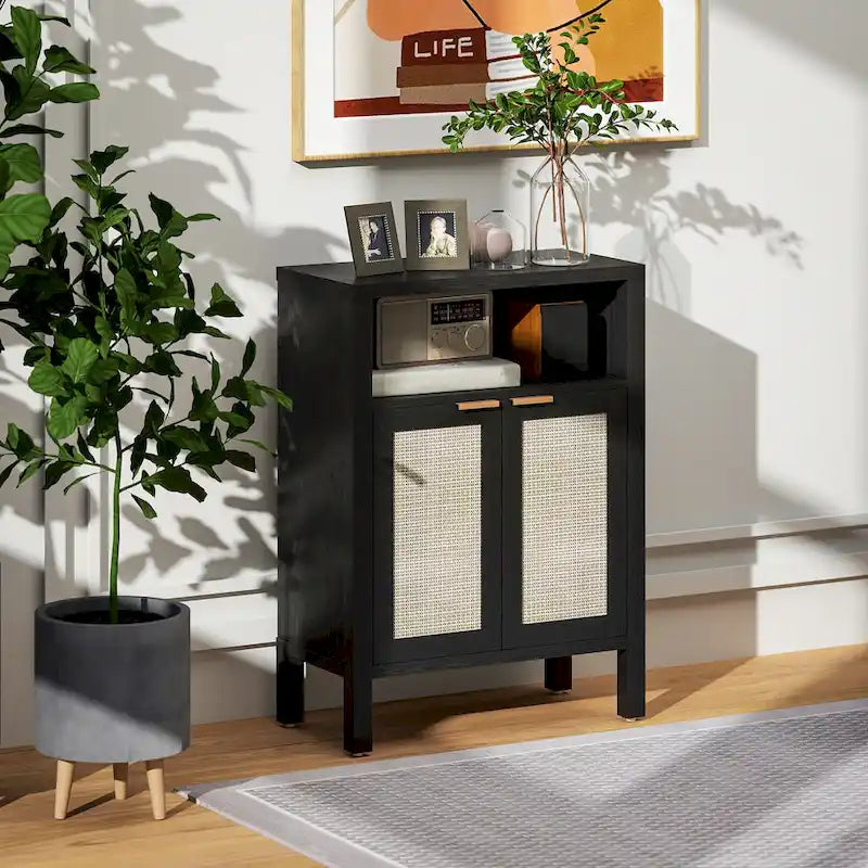Credenza Buffet con Mobiletto Contenitore, Credenza Moderna con 2 Ante in Rattan e Ripiano Regolabile, Tavolo Buffet Autoportante