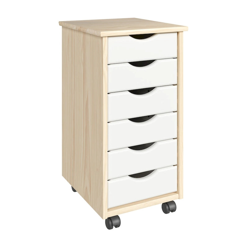Carrello stretto a 6 cassetti in legno massello con ruote