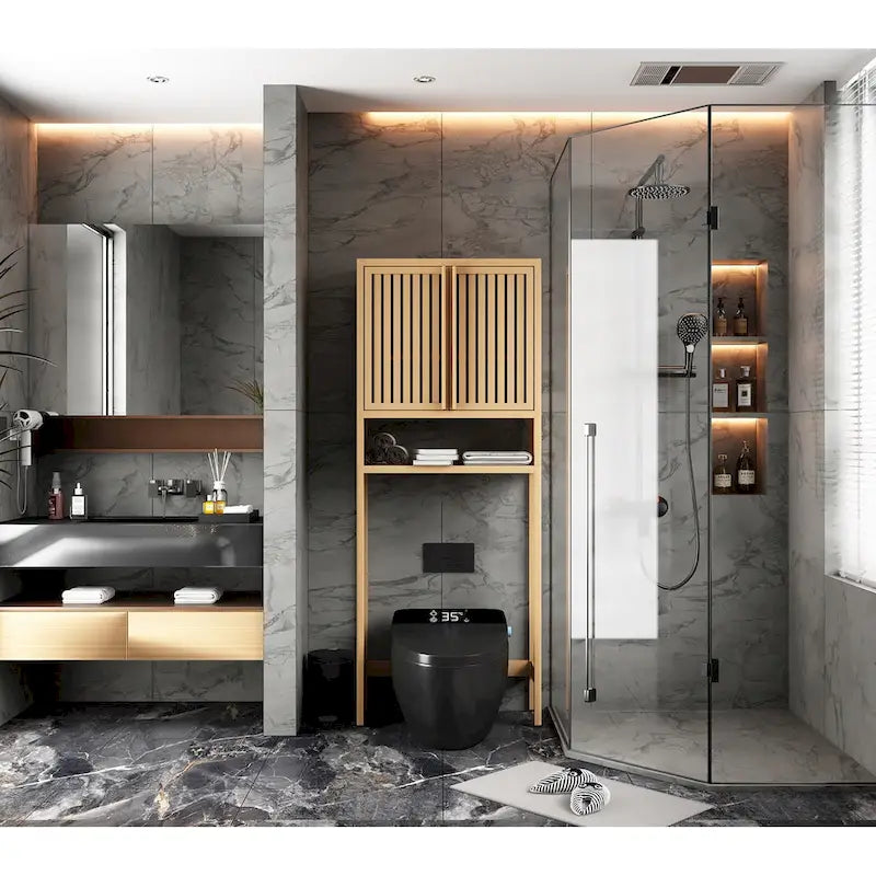 Mobiletto da bagno in bambù con ante da posizionare sopra il WC