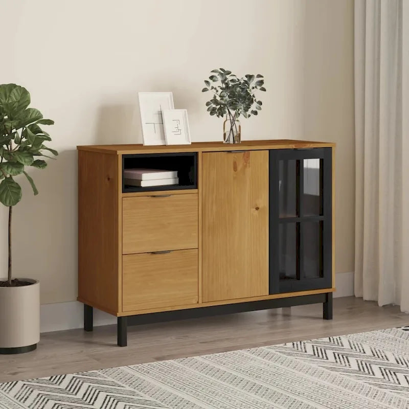 Credenza con ante in vetro – Legno massello di pino, 110 x 40 x 80 cm