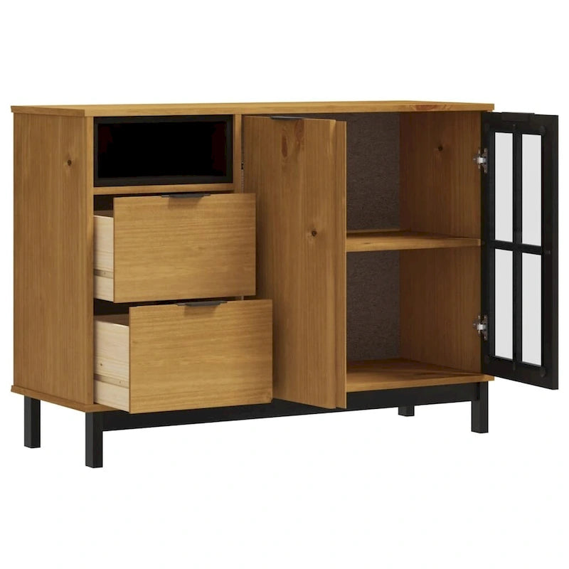 Credenza con ante in vetro – Legno massello di pino, 110 x 40 x 80 cm