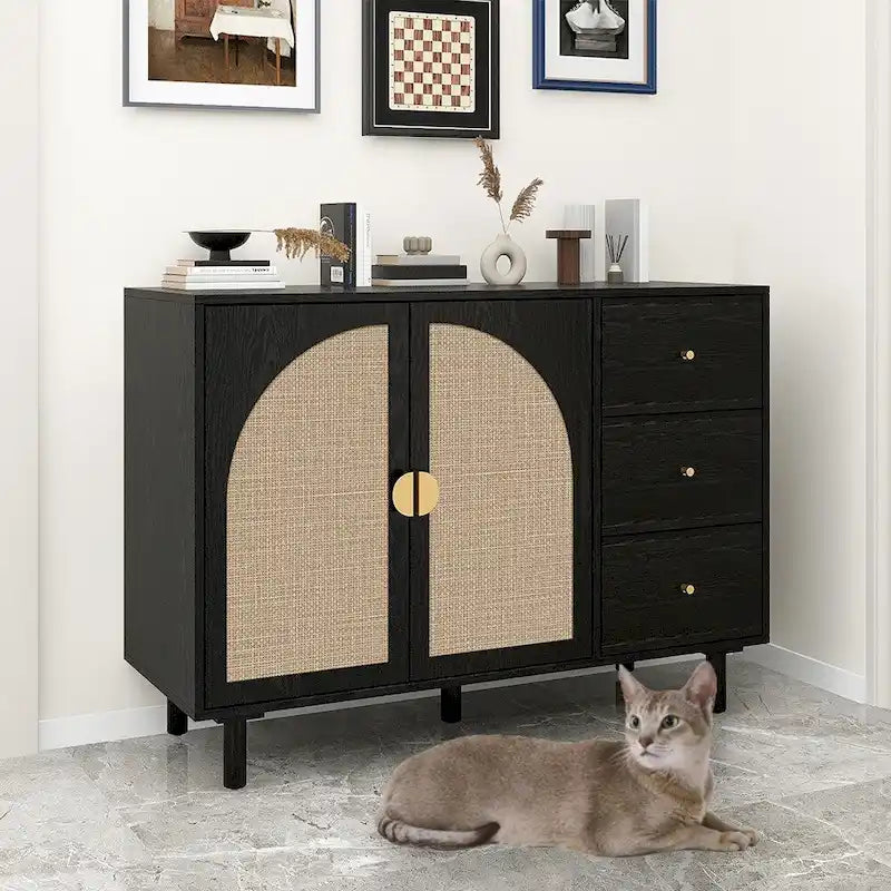 Madia/Credenza in Rattan con 2 Ante e 3 Cassetti, 113cm L x 40cm P x 80cm H