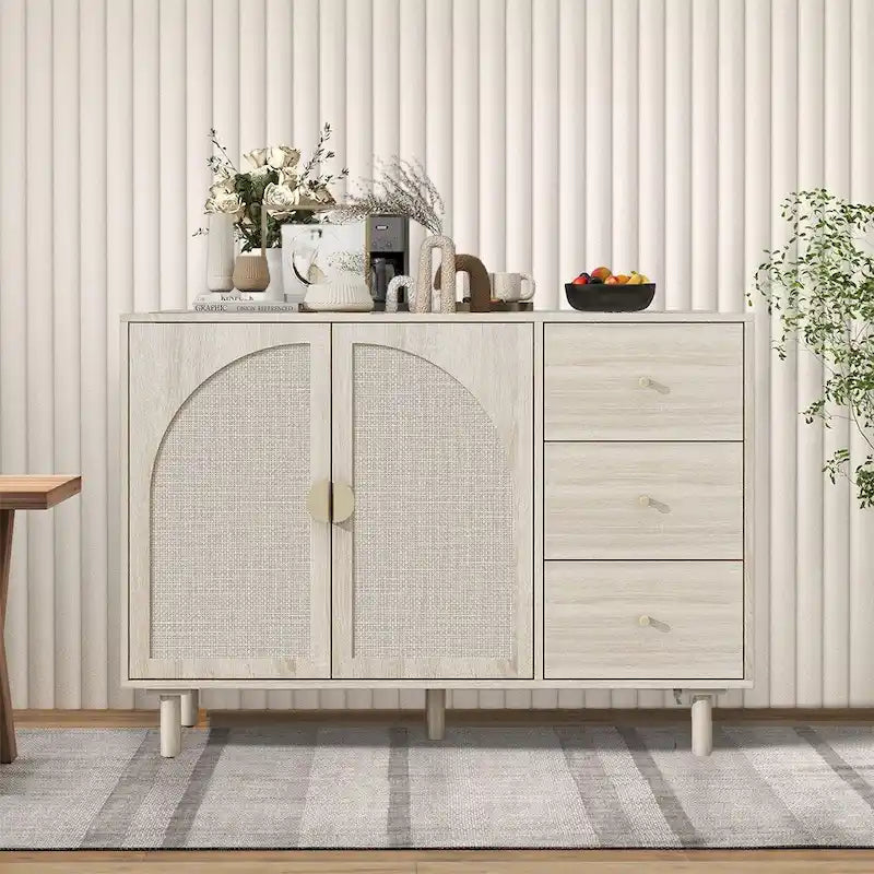 Madia/Credenza in Rattan con 2 Ante e 3 Cassetti, 113cm L x 40cm P x 80cm H