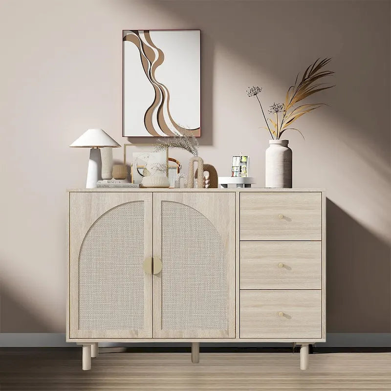 Madia/Credenza in Rattan con 2 Ante e 3 Cassetti, 113cm L x 40cm P x 80cm H