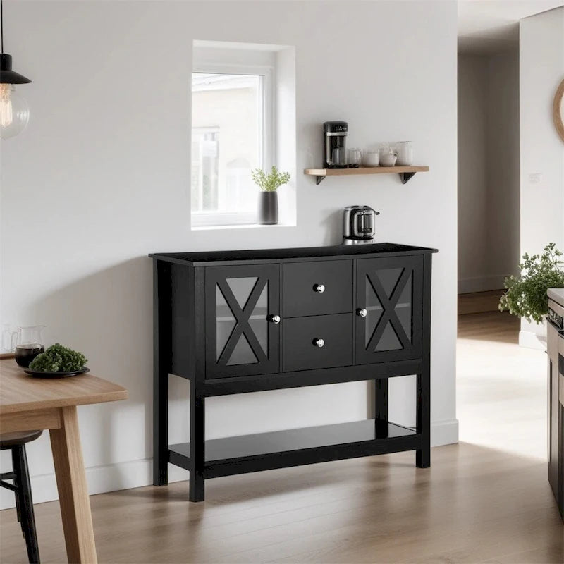 Credenza in legno con cassetti e anta in vetro