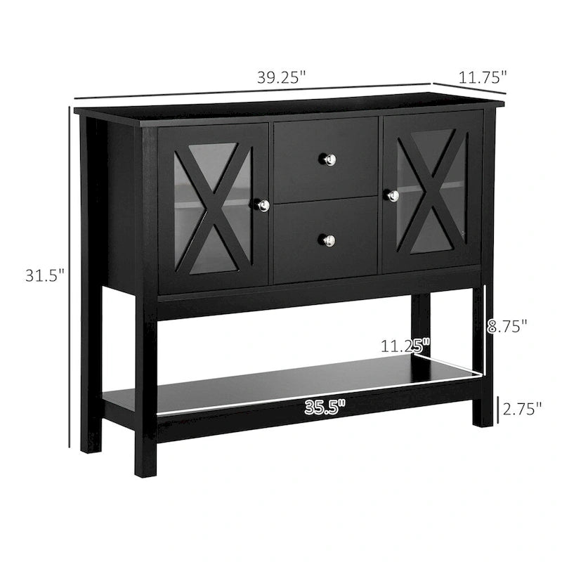Credenza in legno con cassetti e anta in vetro