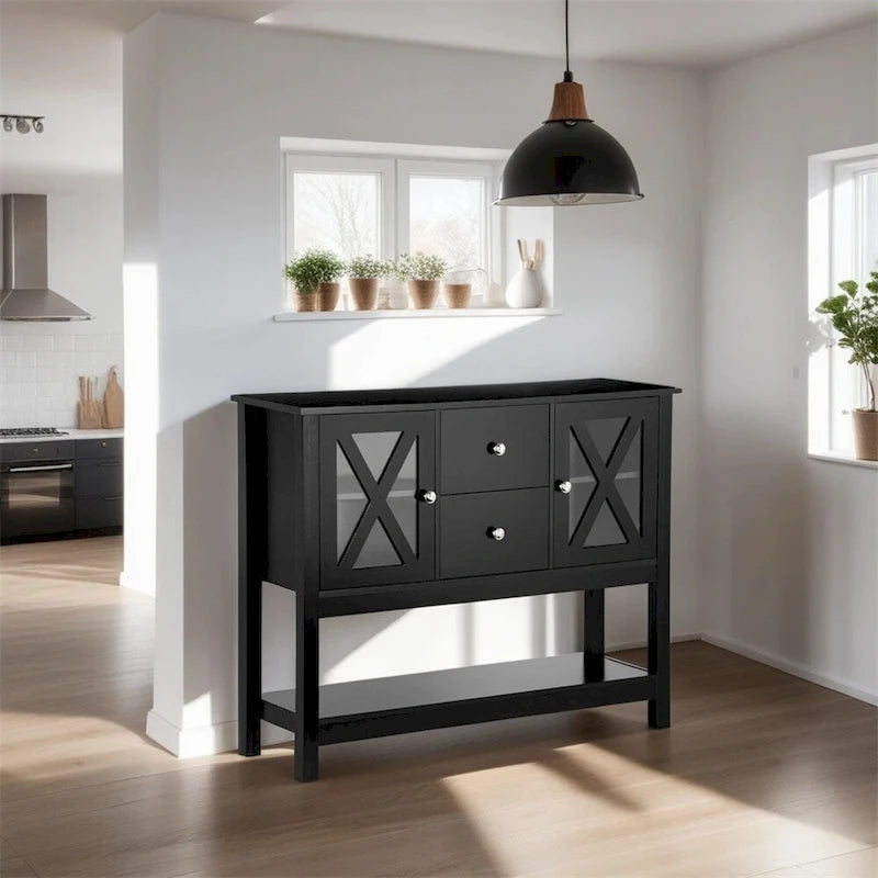 Credenza in legno con cassetti e anta in vetro