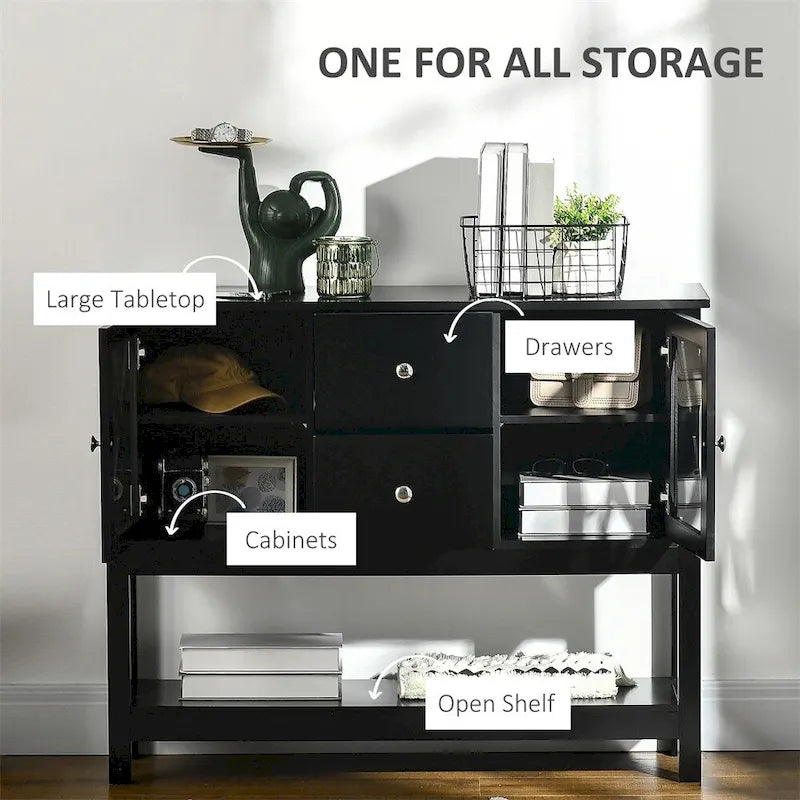 Credenza in legno con cassetti e anta in vetro