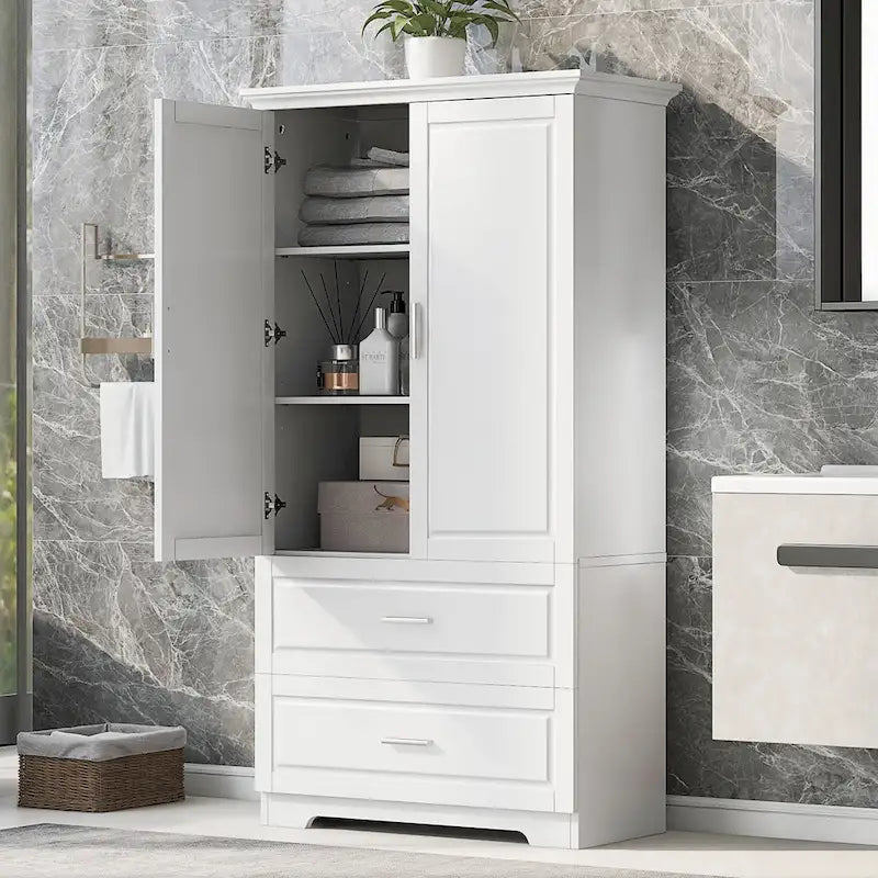 Mobiletto da bagno alto 160 cm con 2 ante e ripiano regolabile, bianco