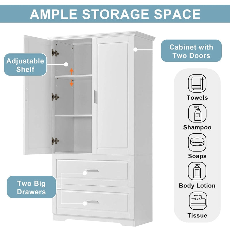 Mobiletto da bagno alto 160 cm con 2 ante e ripiano regolabile, bianco